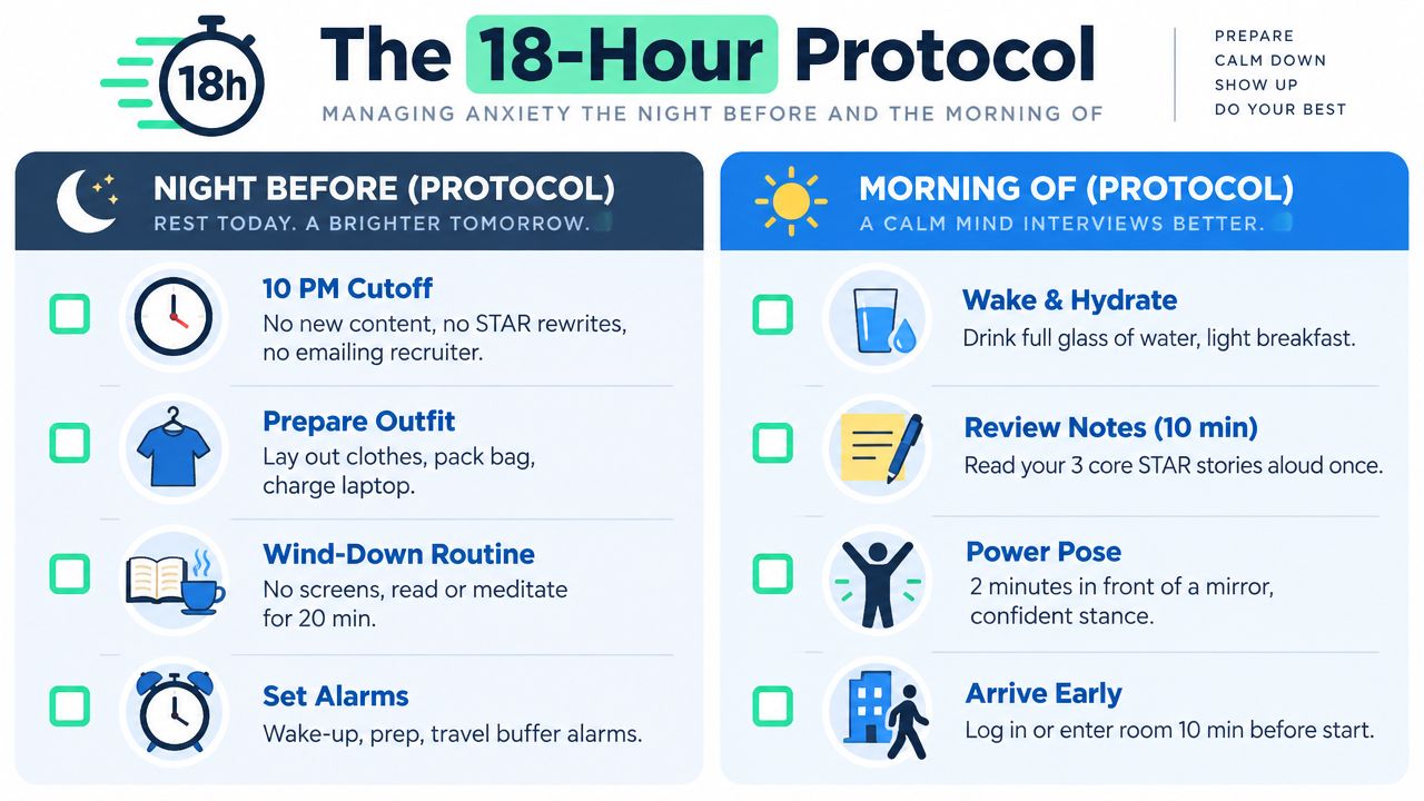 An infographic titled The 18-Hour Protocol detailing a checklist for preparing for interviews the night before and morning of.