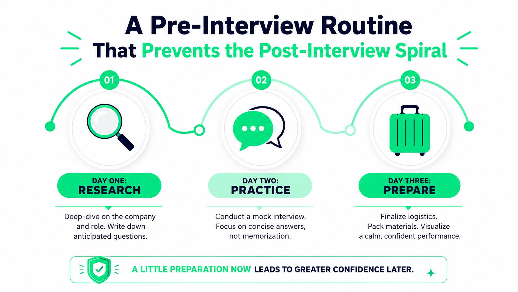 A three-step infographic showing a pre-interview routine to help reduce post-interview anxiety and increase confidence.