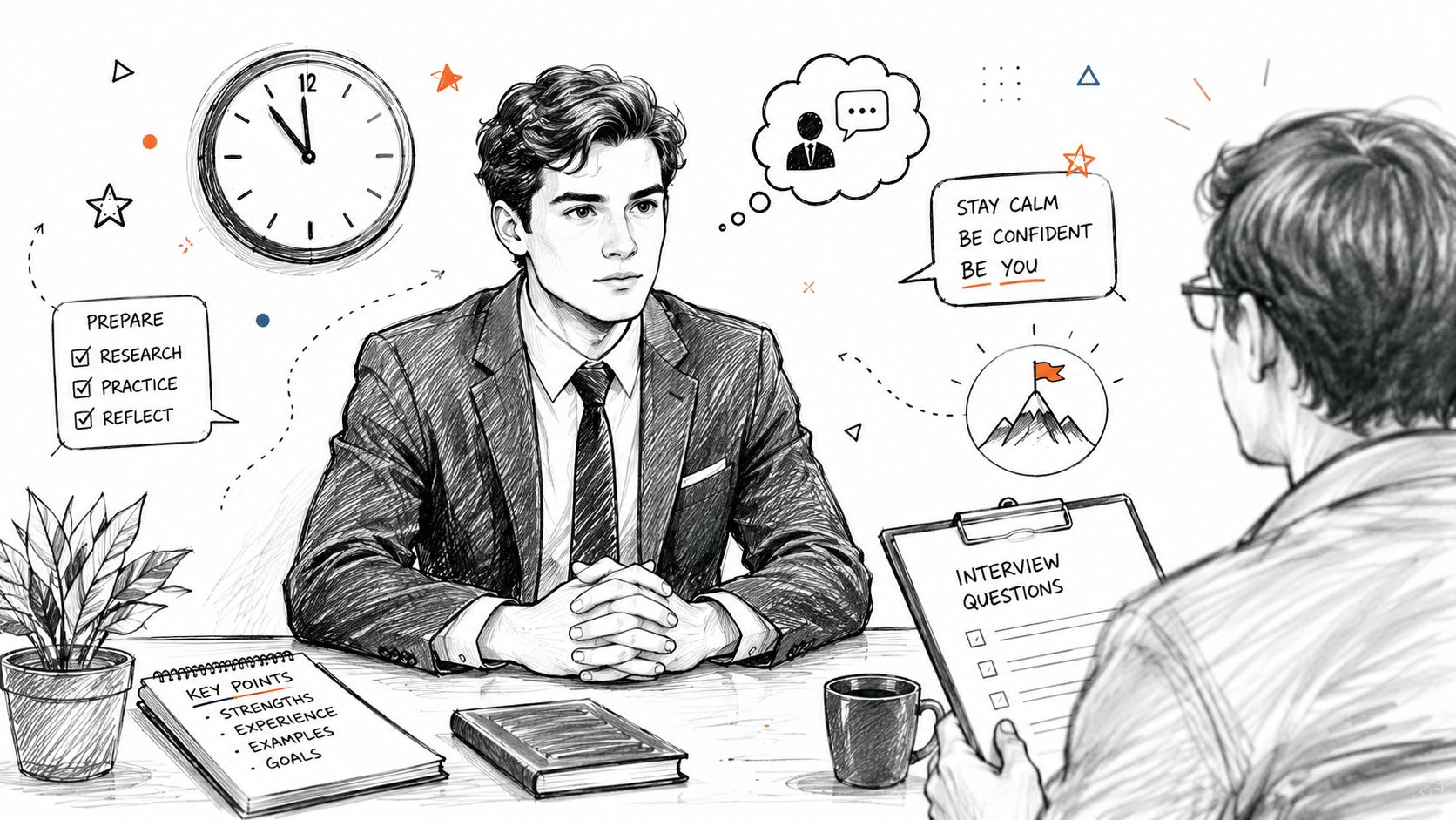 A professional sketch illustrating a job interview preparation concept with key points, a clock, and advice.