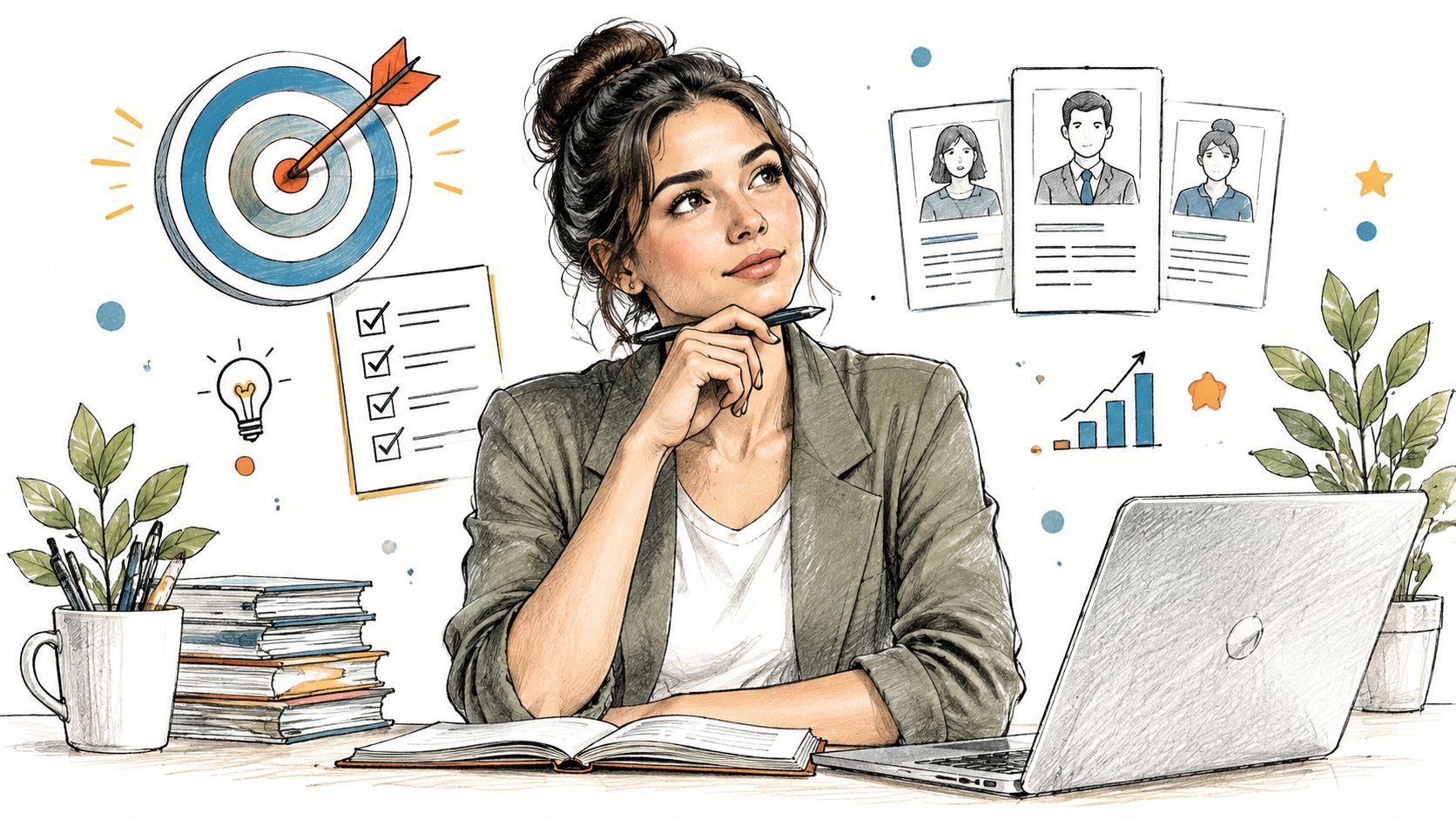 A professional woman pondering career options while surrounded by a target, checklist, and employee profile documents.