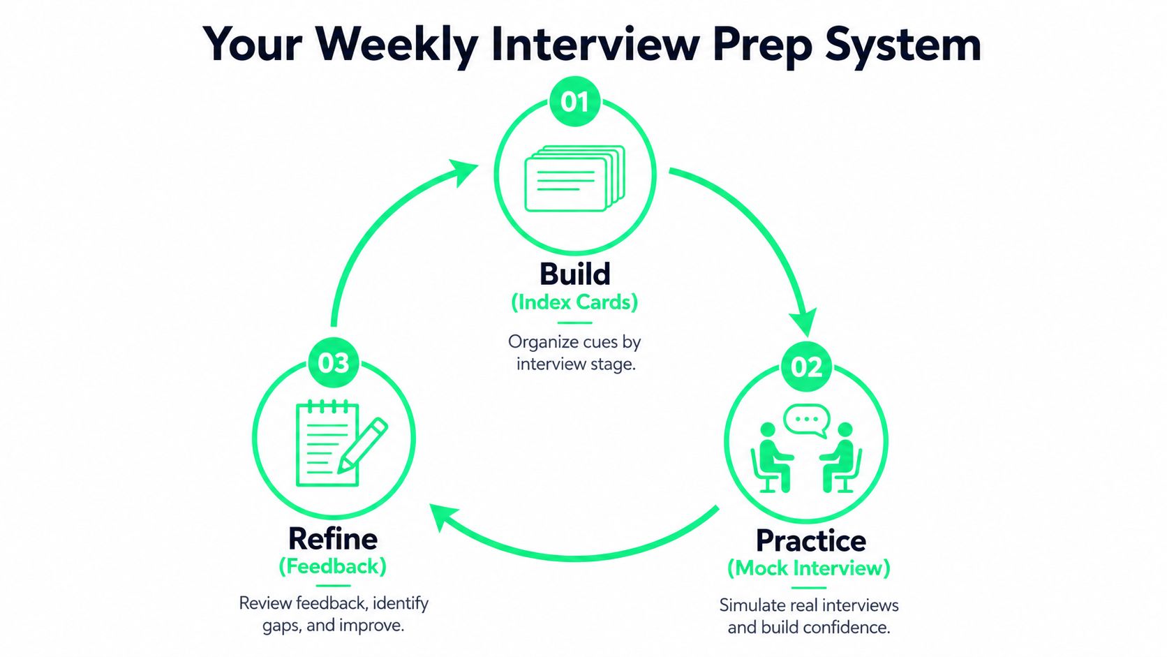 A circular diagram illustrating a three-step weekly interview preparation system including building, practicing, and refining strategies.