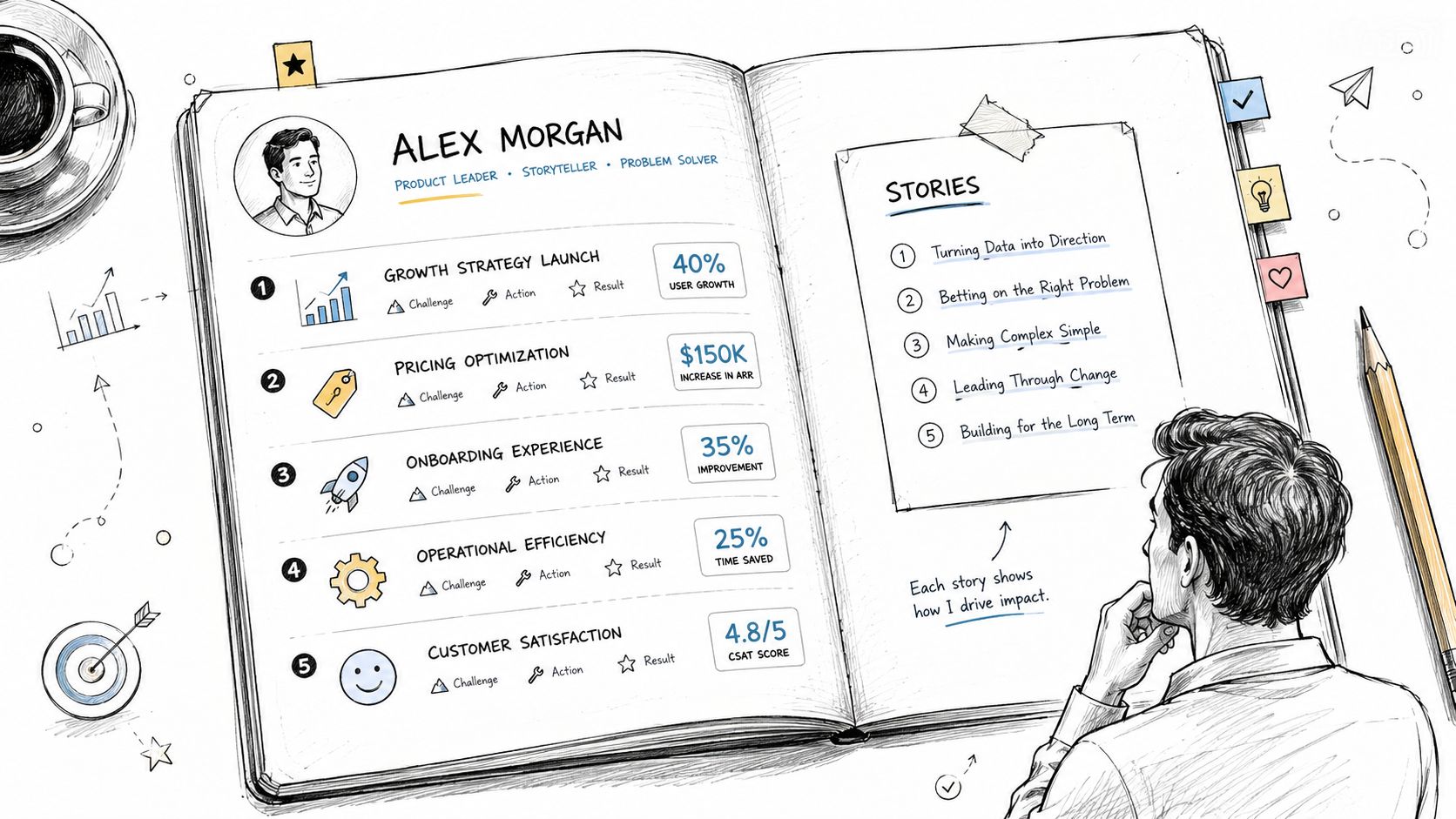 A professional portfolio sketch of Alex Morgan featuring a bulleted list of career achievements and strategic stories.