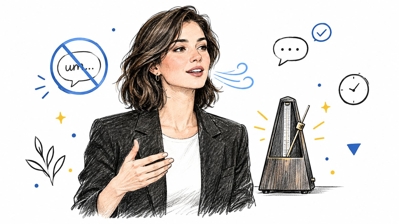 A professional woman illustrating communication tips including pausing, breathing, pacing, and removing filler words.