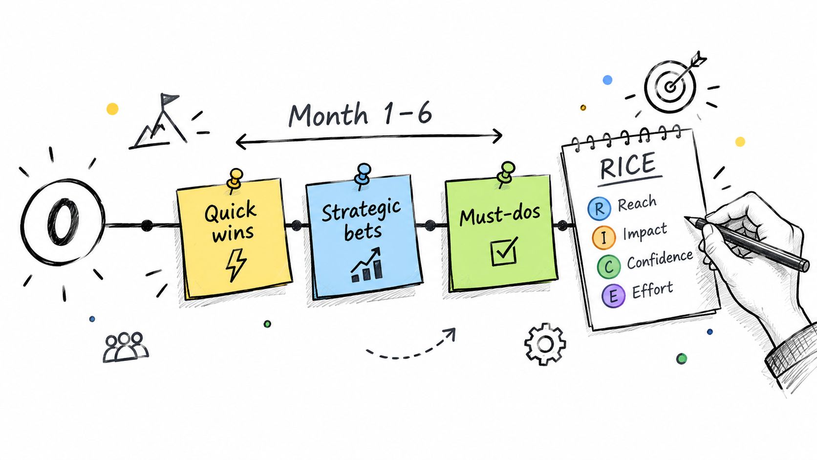 An illustrated diagram showing a timeline for product management prioritization using the RICE framework and sticky notes.