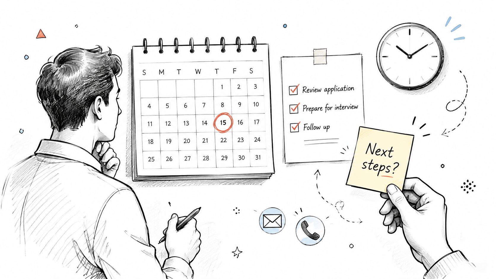 A person planning interview steps while looking at a calendar, a checklist, and a clock illustration.