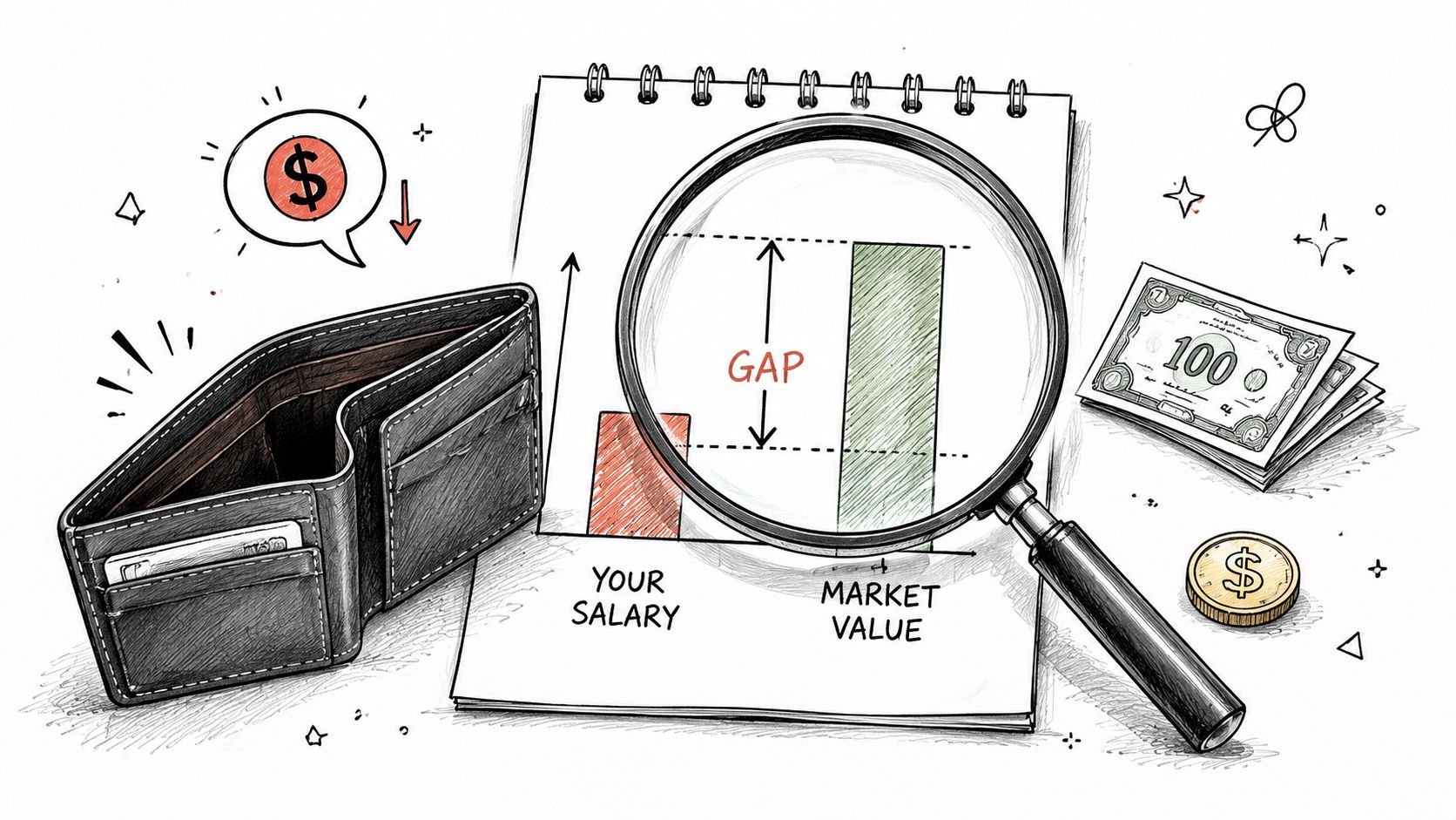 A magnifying glass highlighting the salary gap between an individual's current earnings and their actual market value.