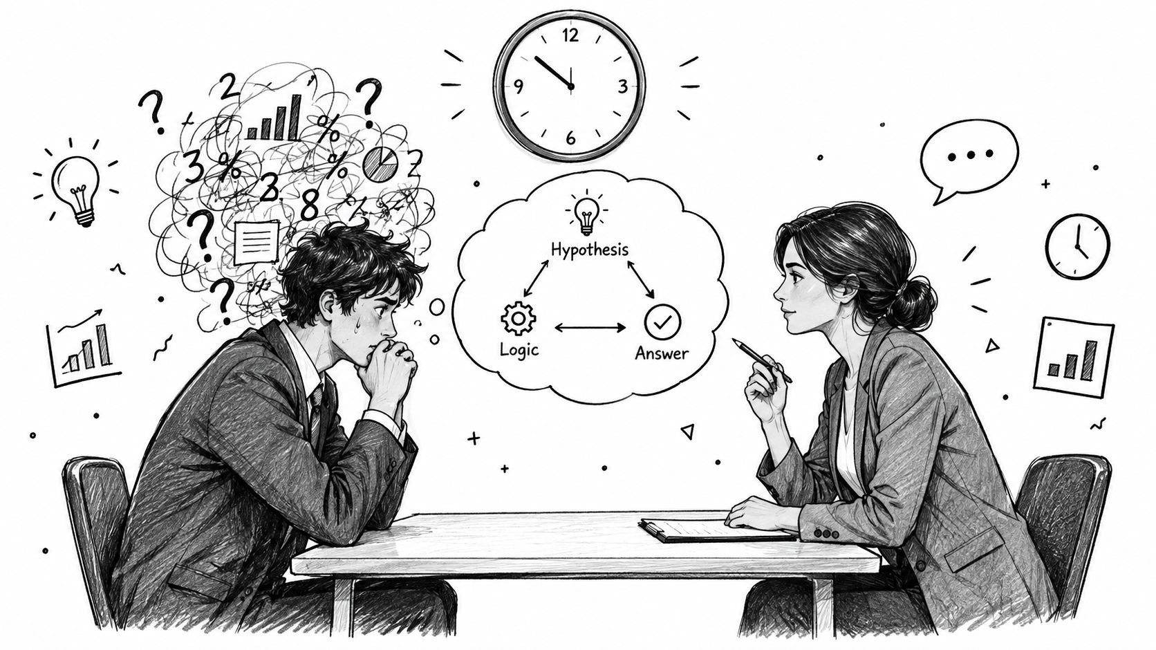 A professional man and woman sitting across from each other discussing a structured problem-solving framework.