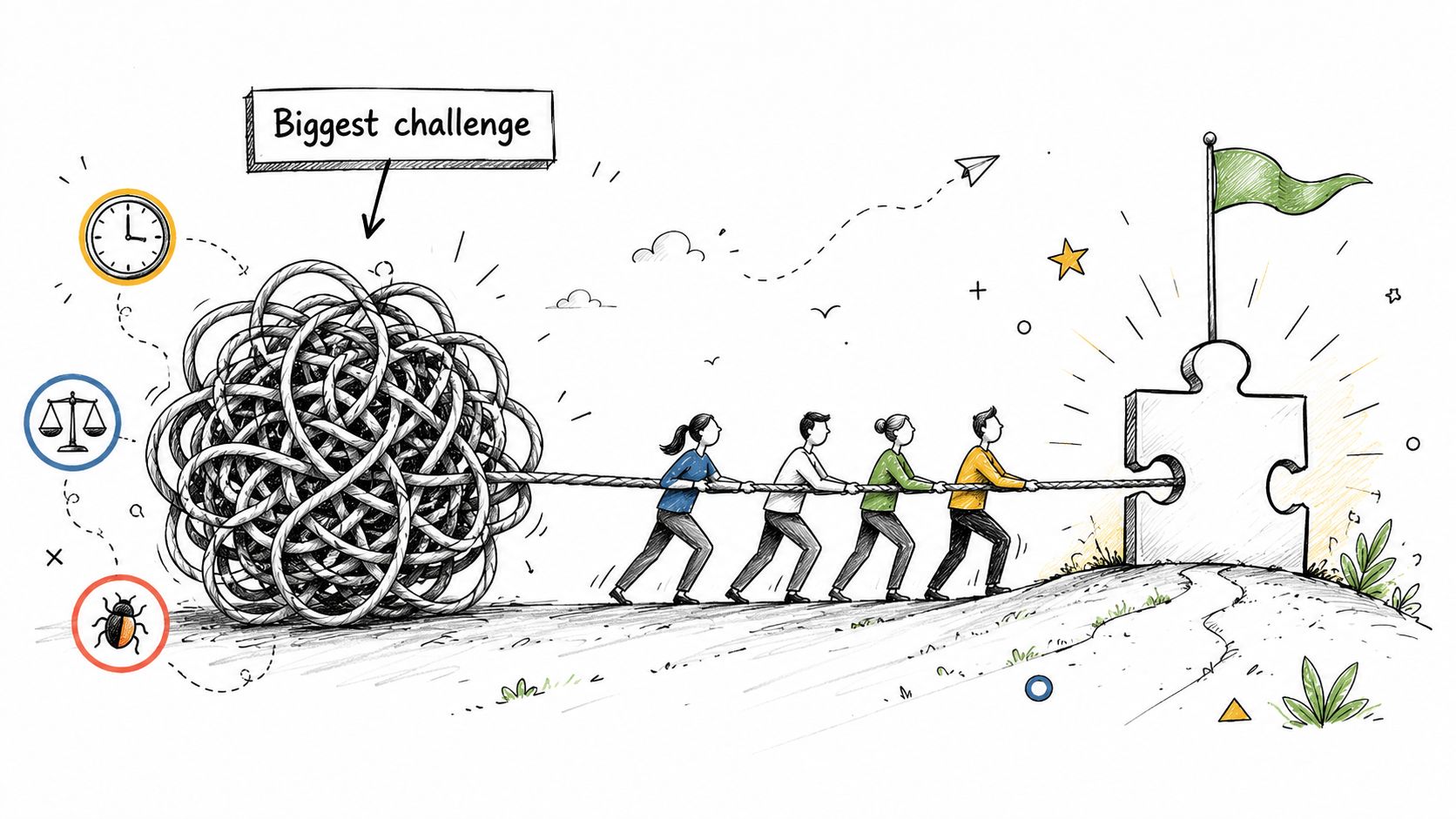 A diverse team works together to pull a tangled knot of rope toward a puzzle piece goal.