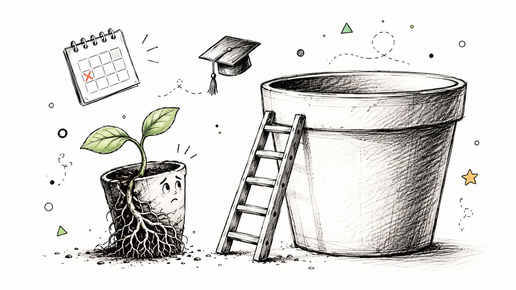A small sad potted plant with roots exposed, looking toward a large empty pot with a ladder.