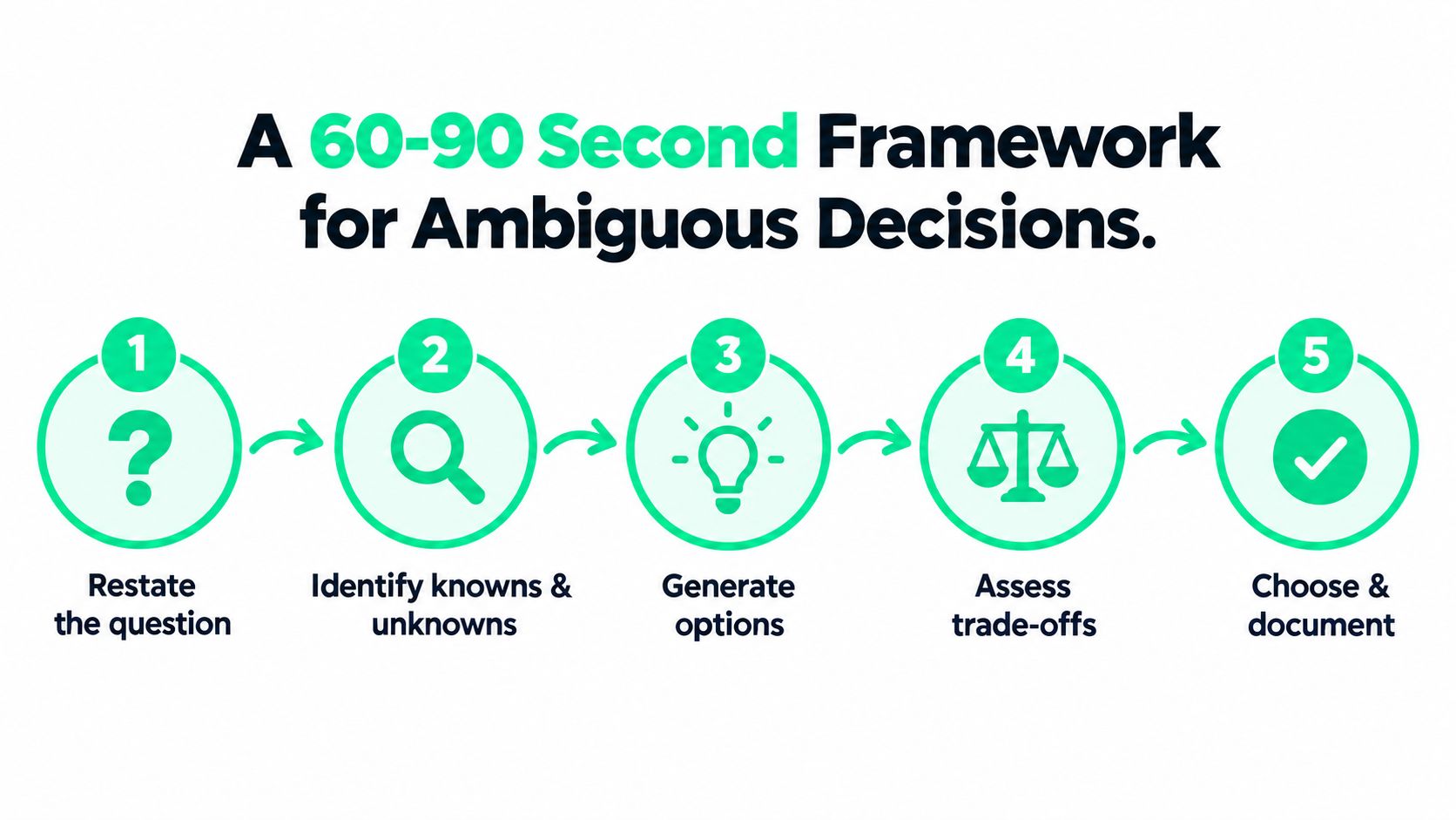 A five-step framework infographic for making fast decisions under ambiguous circumstances, featuring simple icons and text.