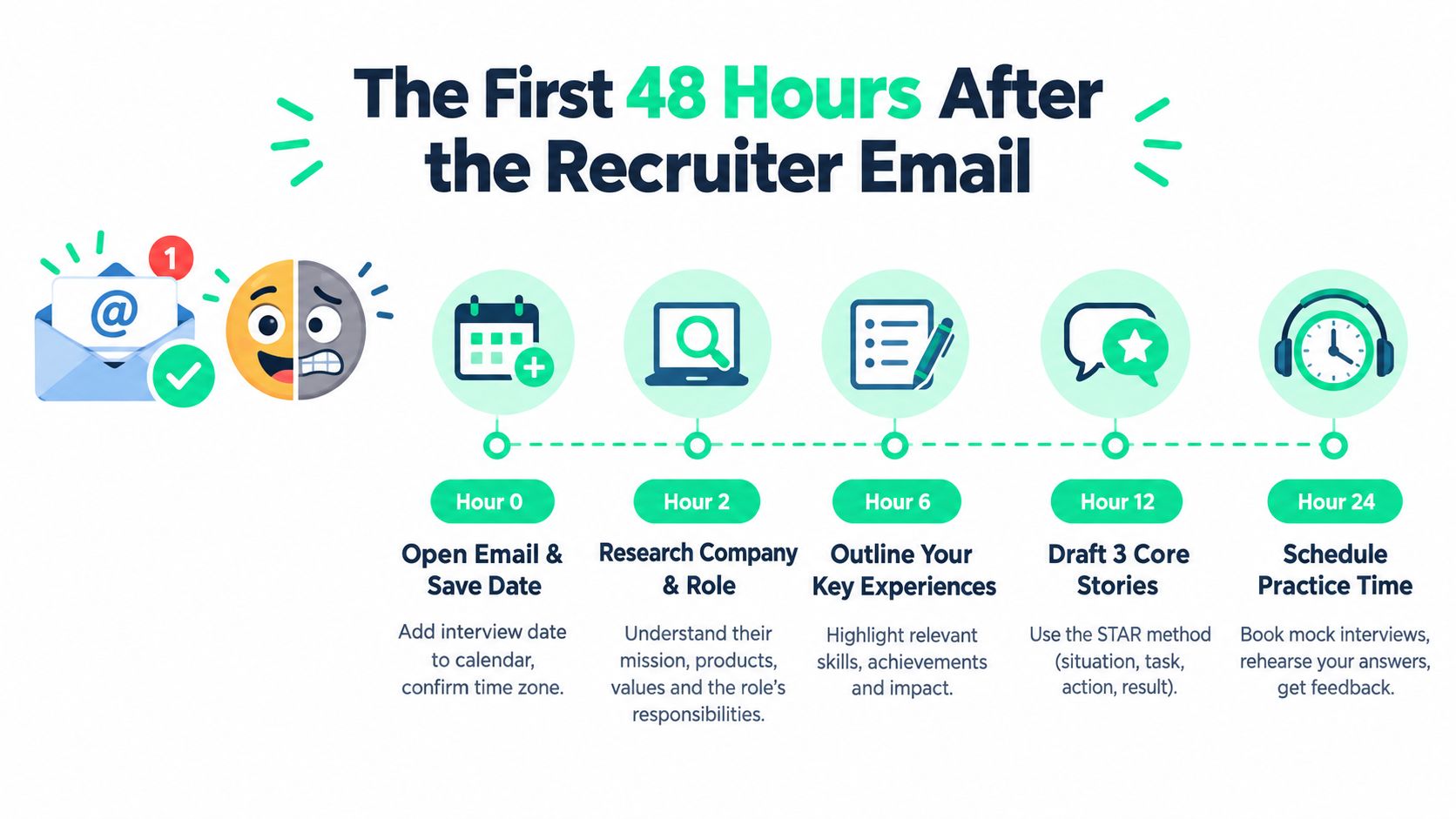 A timeline graphic showing five steps to prepare for a job interview within 48 hours.