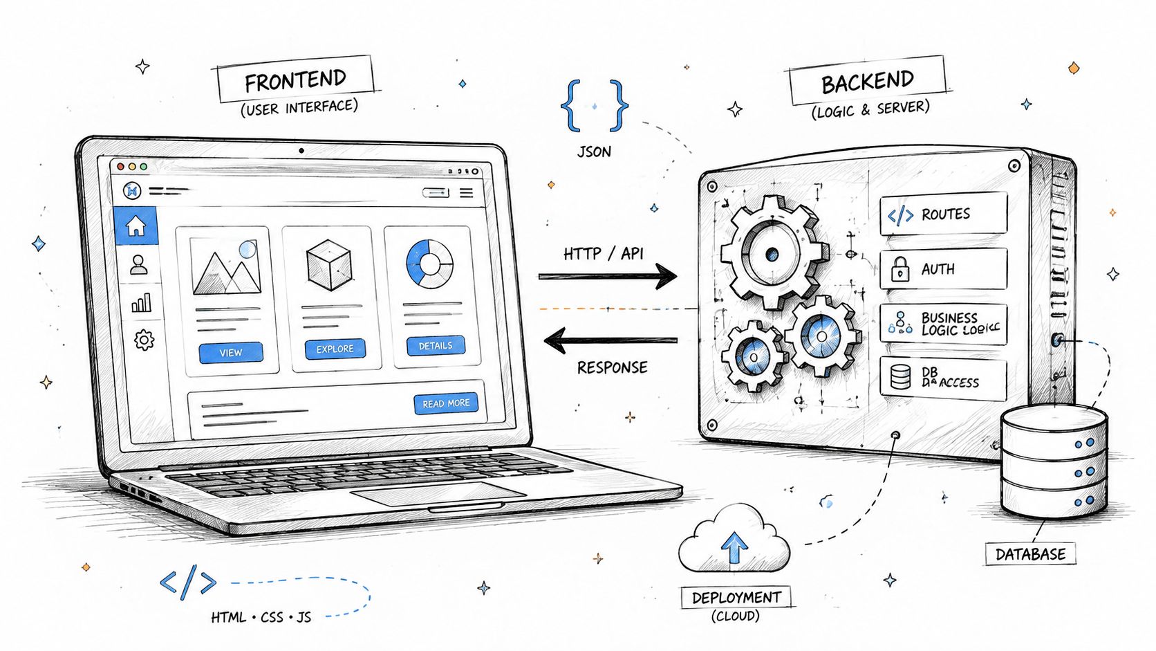 A hand-drawn illustration depicting the architecture of frontend and backend web development with server and database integration.