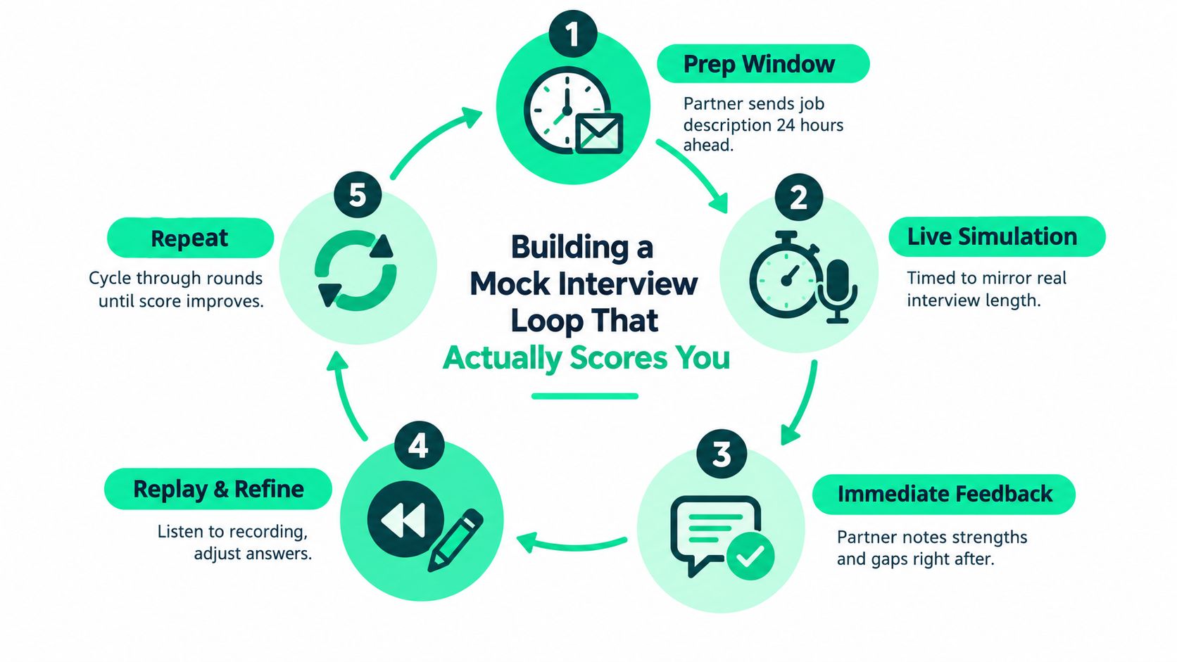 A cyclical flowchart illustrating the five-step process for building a successful mock interview scoring loop.