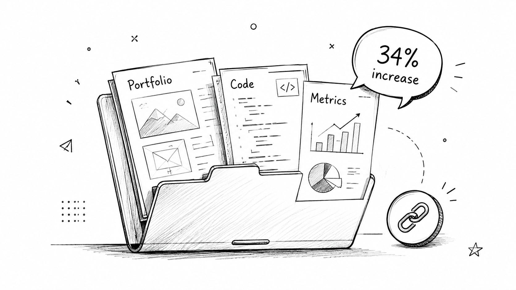 A hand-drawn sketch of a folder containing portfolio, code, and metrics documents with a 34 percent increase icon.