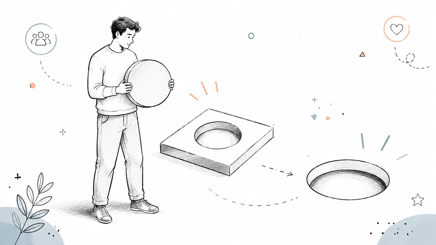 An illustration of a person holding a round object intending to fit it into a square frame