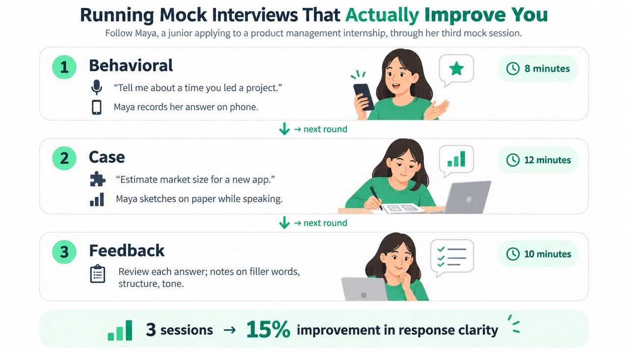 A visual guide for mock interview preparation showing behavioral, case, and feedback stages for student internship applicants.
