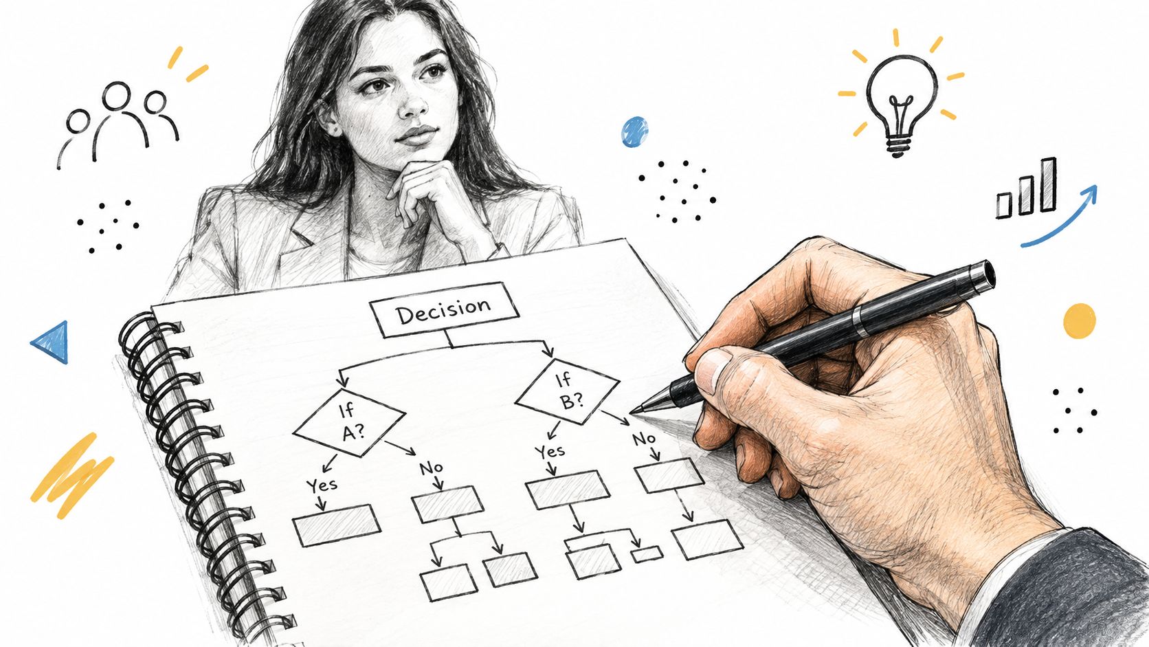 A professional woman observing as a hand draws a decision-making flowchart in a spiral notebook.