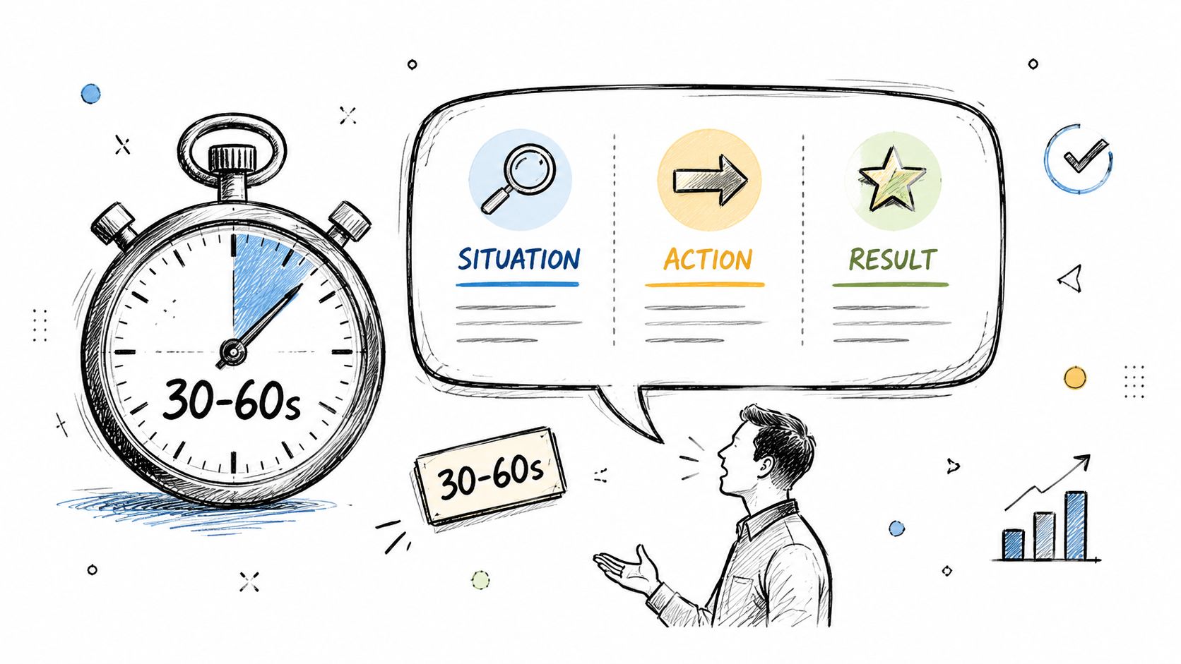 A hand-drawn sketch illustrating the STAR interview technique with a timer showing a thirty to sixty second limit.