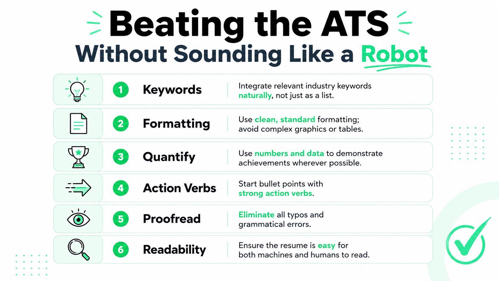 An infographic titled Beating the ATS, outlining six tips to improve resumes for automated scanning systems.