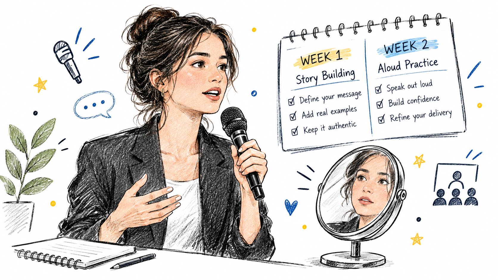 A woman practicing public speaking skills in front of a mirror with a study plan chart.