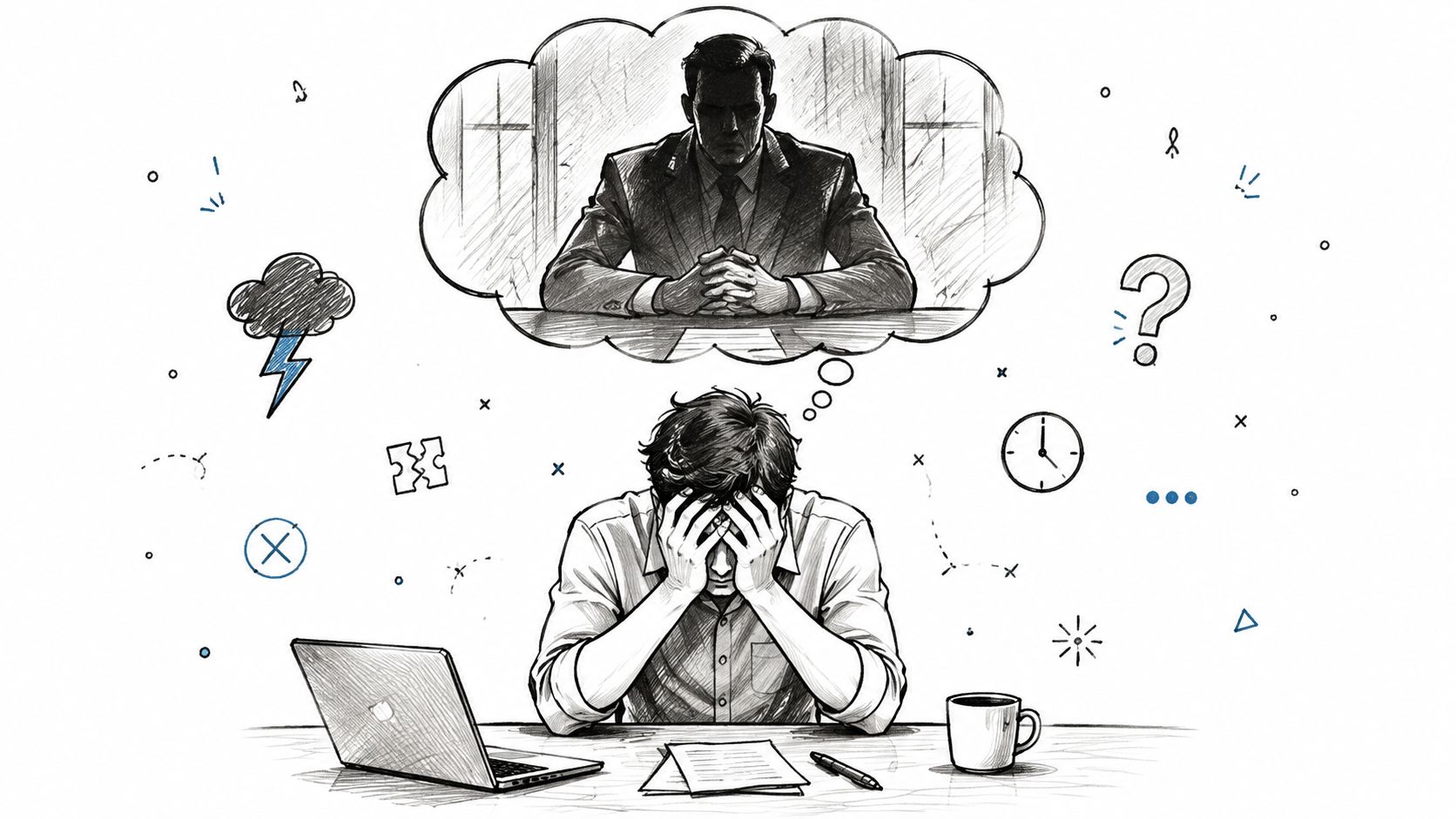 A stressed man at a desk thinking about a strict boss, representing career anxiety and interview pressure.