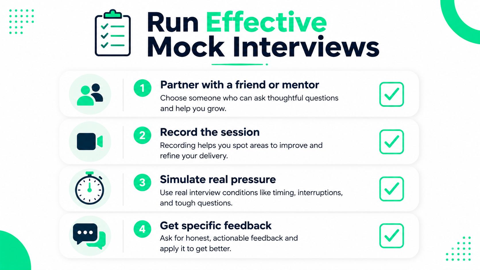 A checklist infographic illustrating four essential steps for conducting effective mock job interviews with a partner.