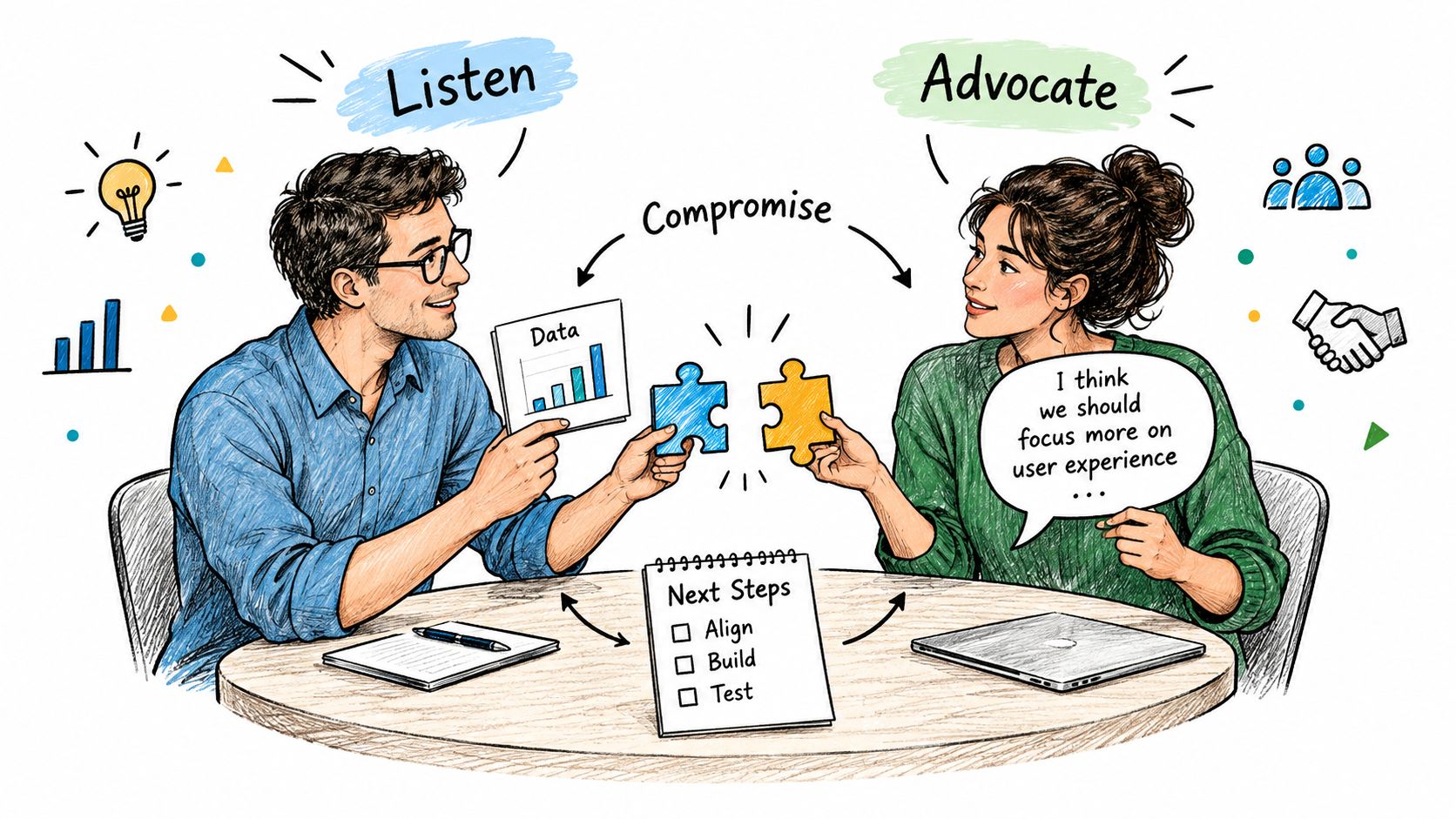 A man and woman collaborating at a desk, illustrating the balance between data-driven decisions and user experience.