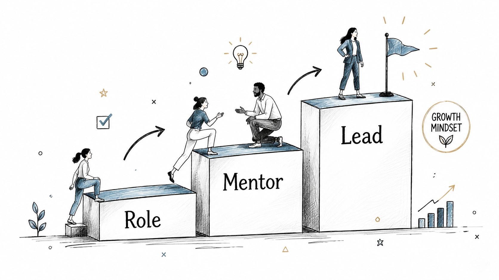 A professional development diagram showing career progression from role to mentor and finally to lead position.