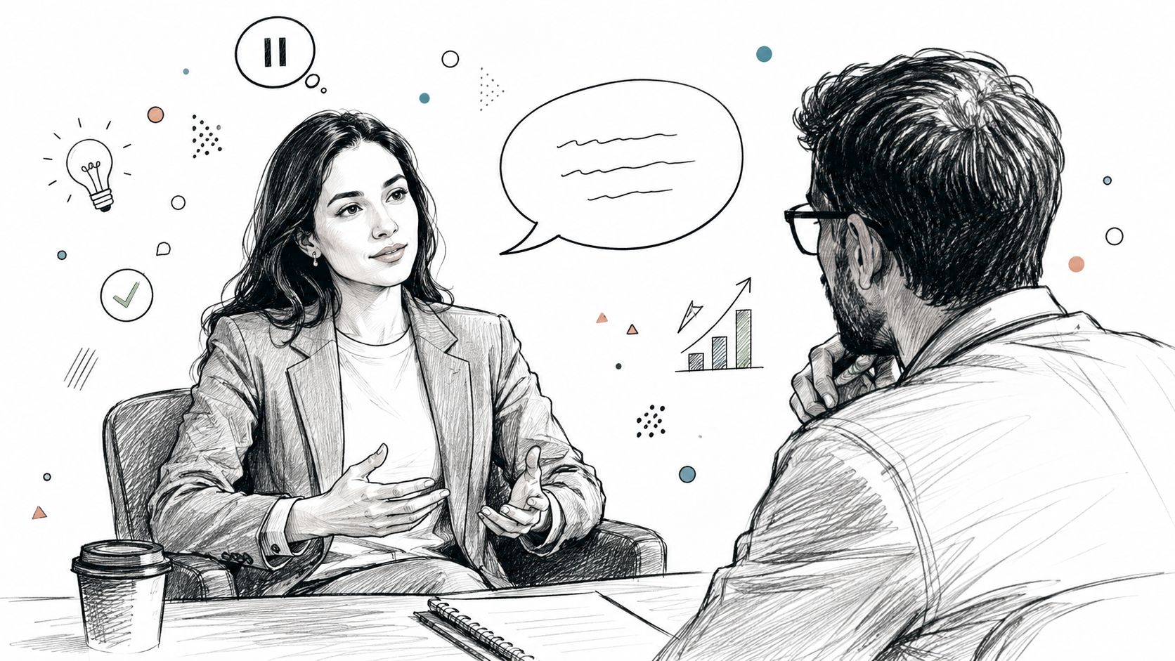 A professional woman participating in a job interview while a man listens and takes notes.