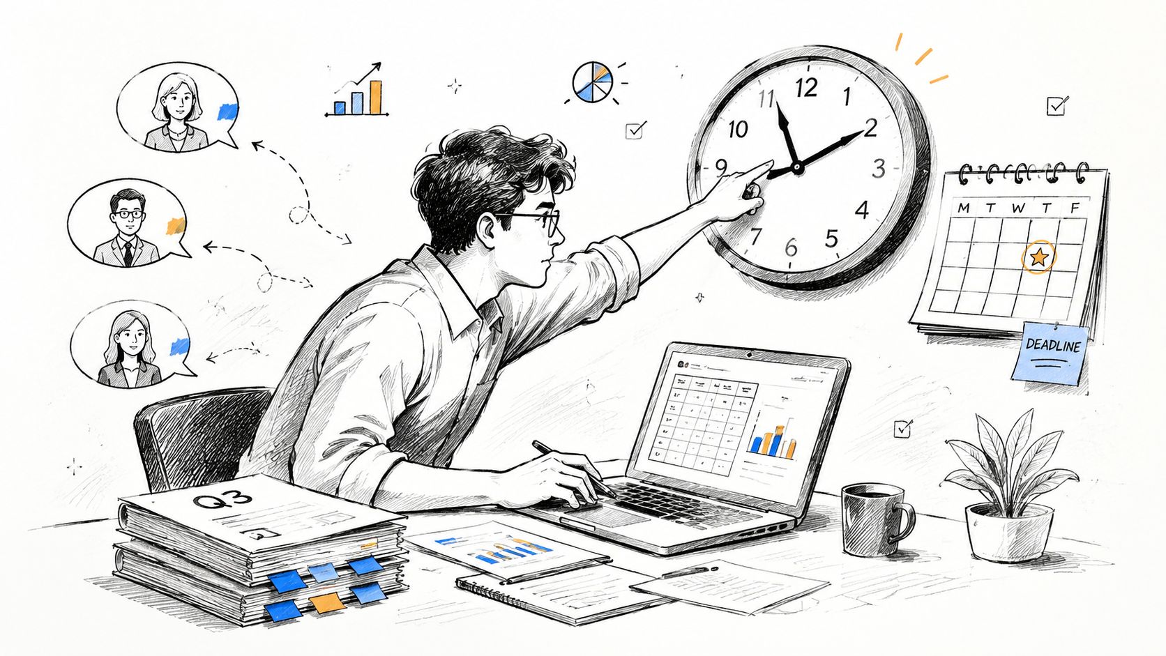 A professional working on a project with deadlines, calendars, charts, and team collaboration icons in a sketch style.