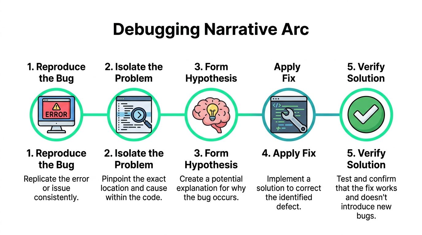 A five-step flowchart illustrating the debugging narrative arc for software development and technical troubleshooting processes.