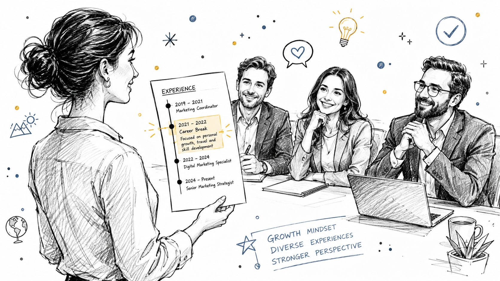A professional woman presenting her resume with a career break during a job interview with colleagues.
