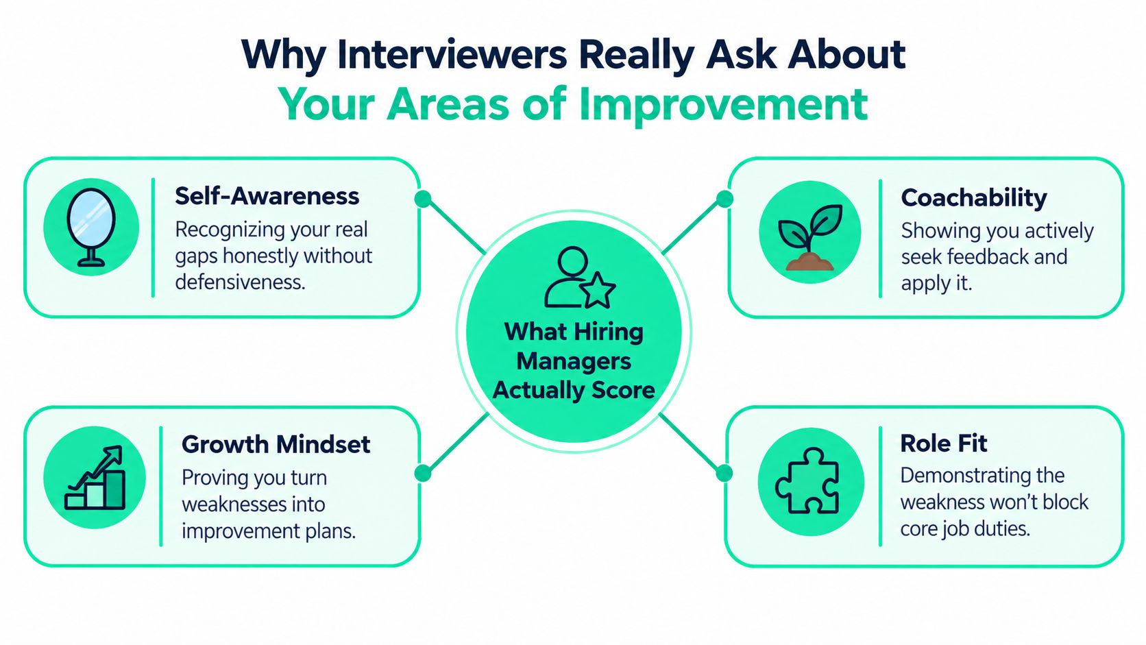 A diagram explaining why hiring managers ask interview candidates about their professional areas of improvement during interviews.