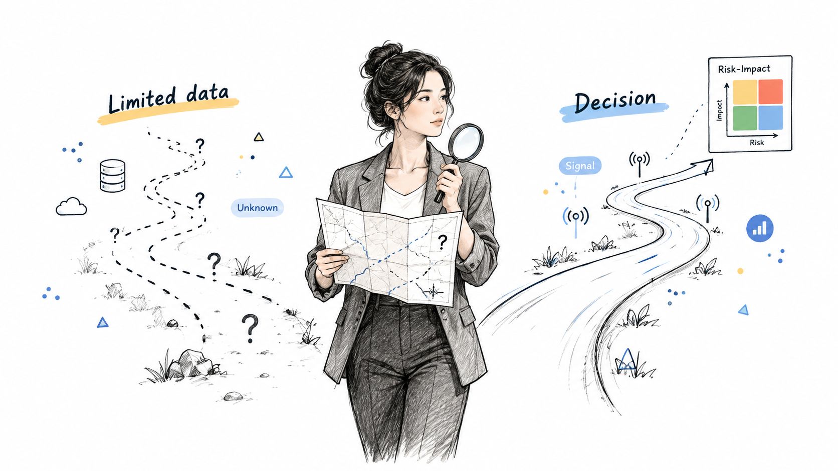 A professional woman holding a magnifying glass and a map, illustrating the transition from limited data to informed decision-making.