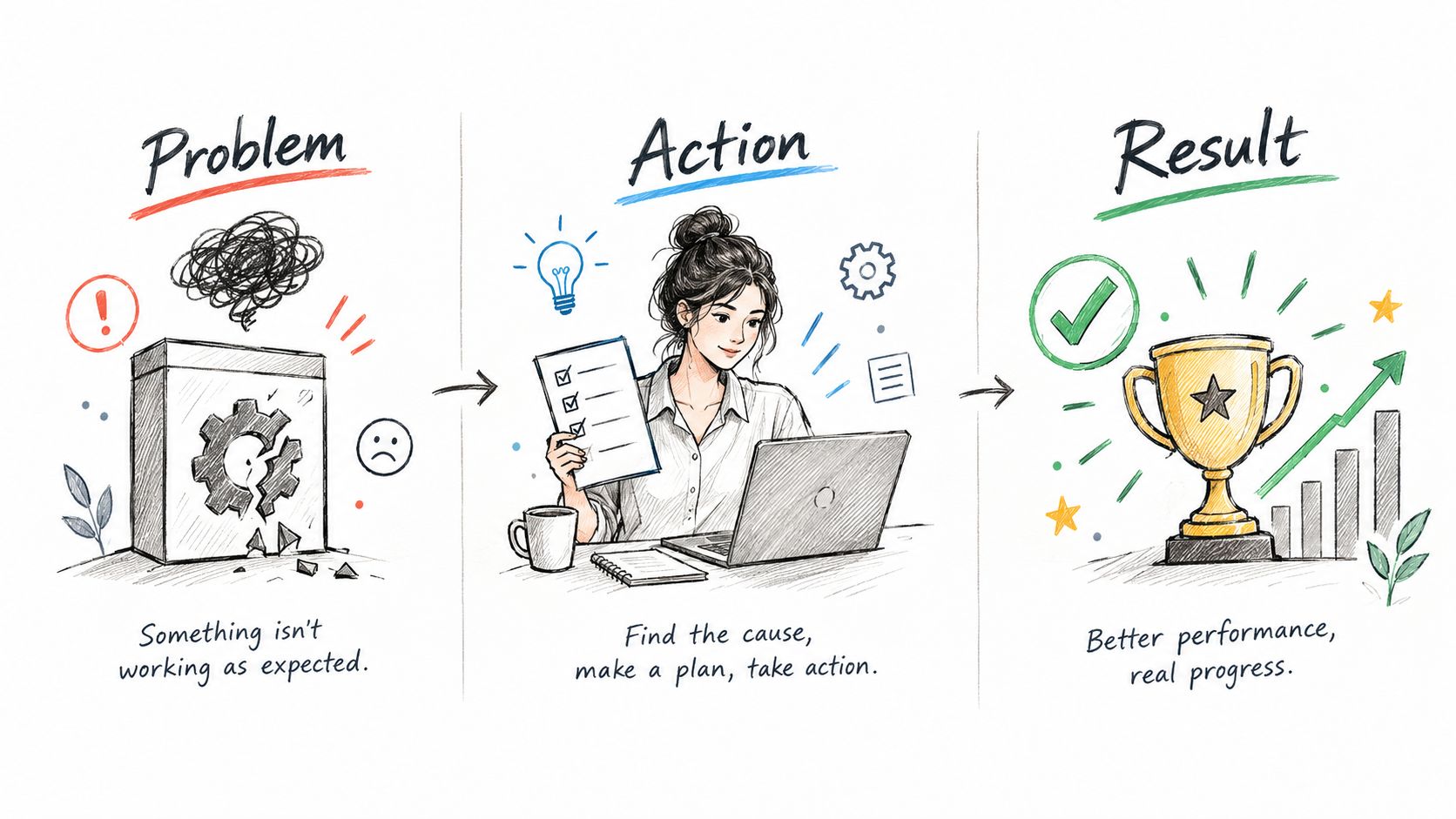 A three-step diagram illustrating the process from identifying a problem to taking action and achieving results.