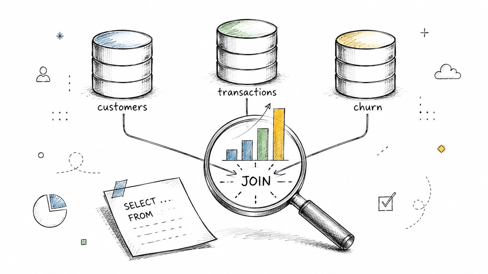 A hand-drawn illustration showing database icons being merged into a magnifying glass with join operation.