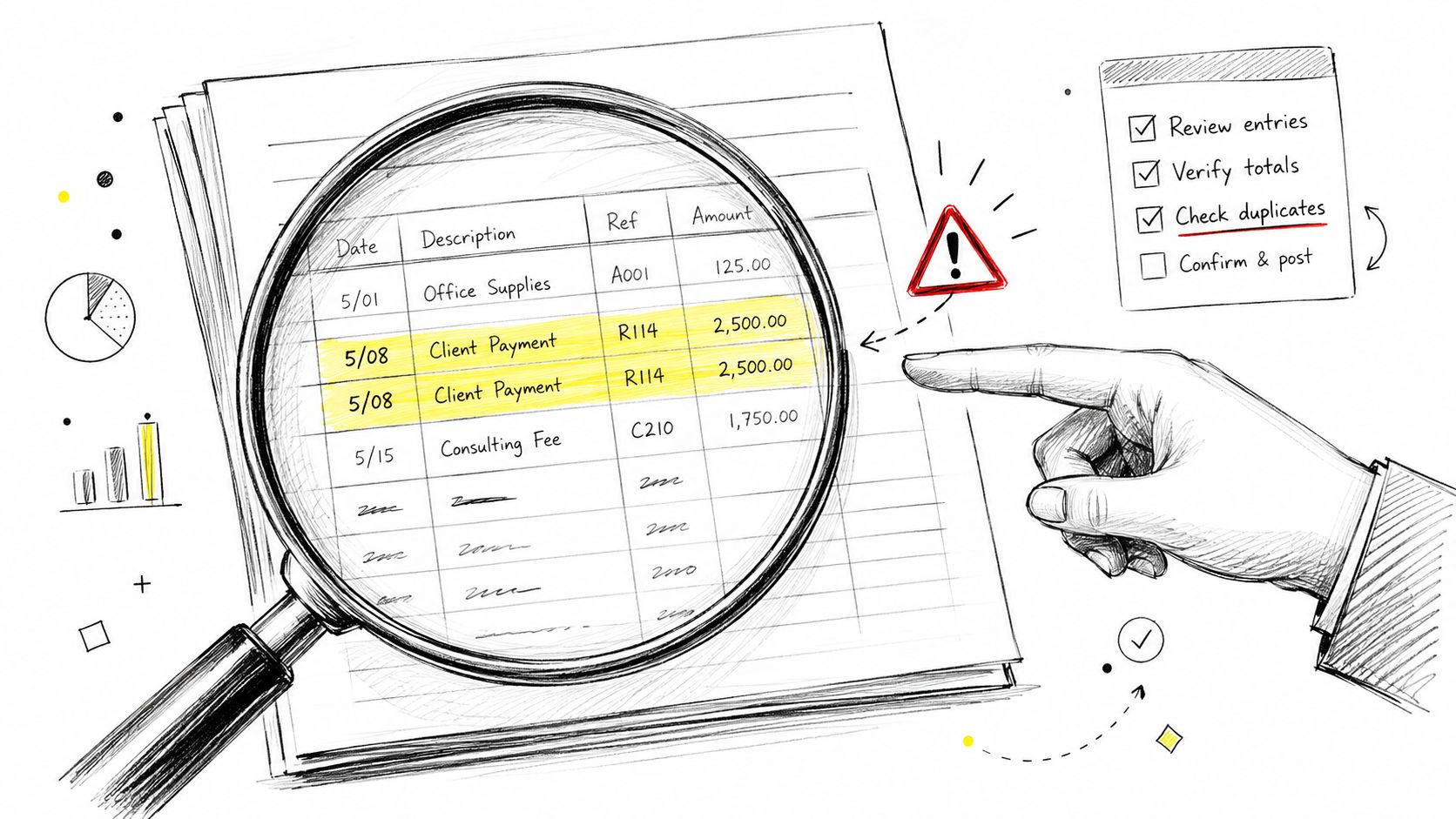 A magnifying glass inspecting a financial ledger to identify duplicate client payment entries and accounting errors.