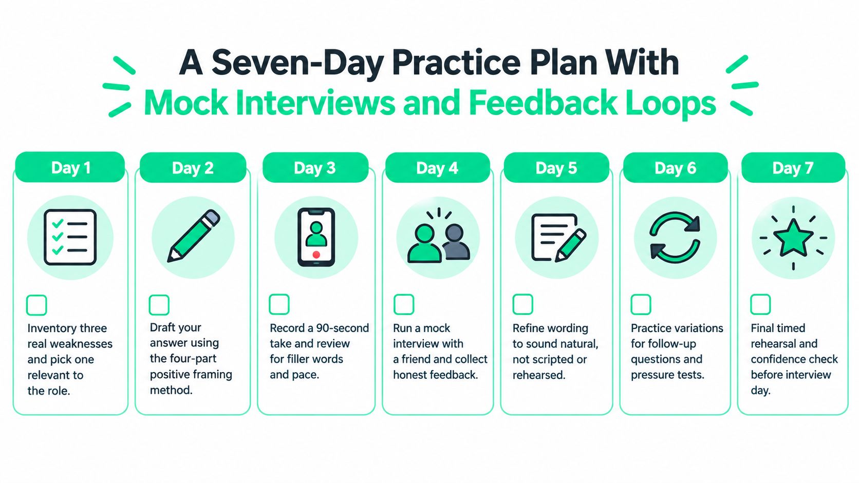 A seven-day practice plan infographic for interview preparation featuring daily tasks for self-improvement and mock interviews.