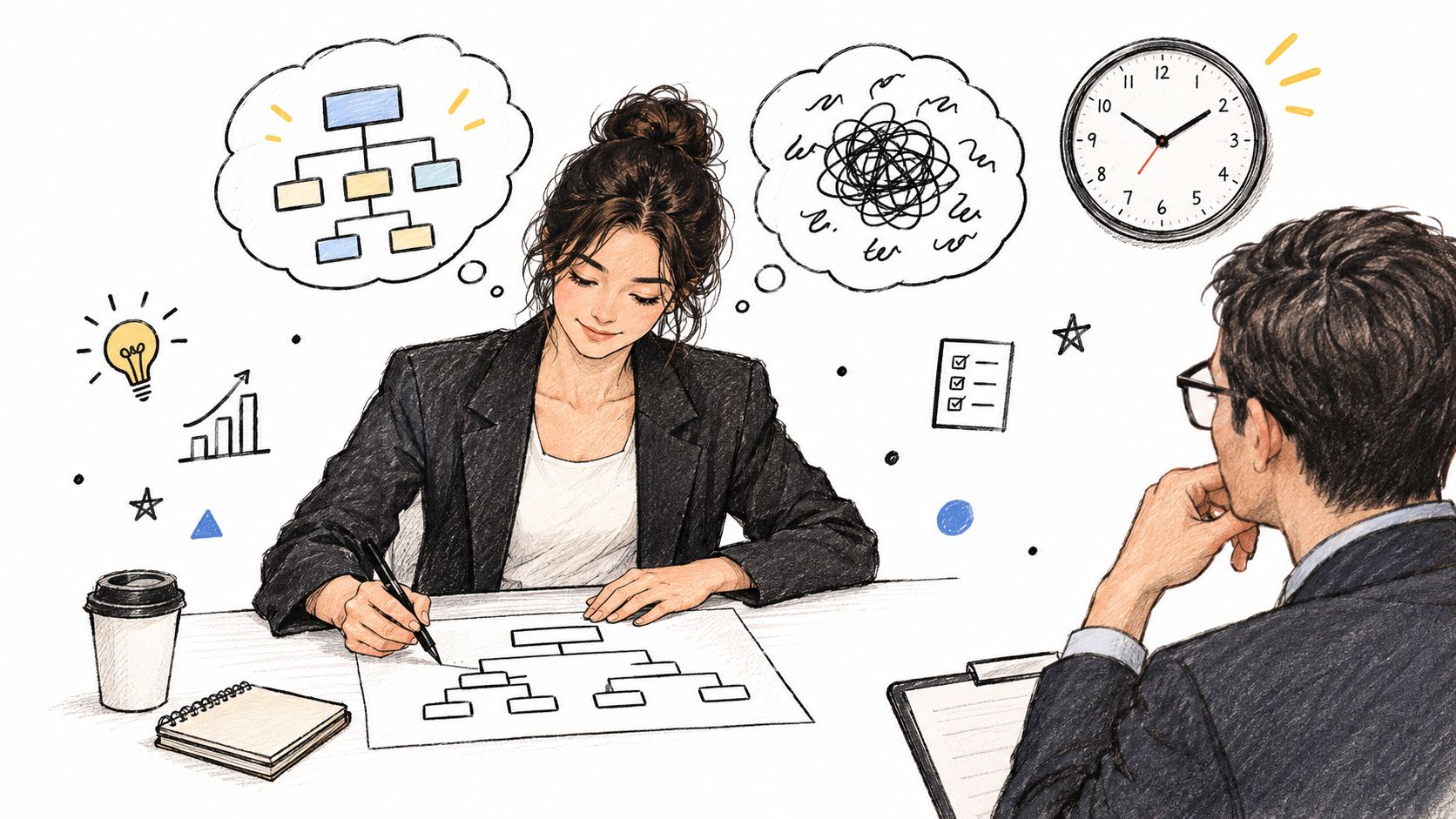 A professional woman draws an organizational chart while a man watches during a strategic consulting interview.