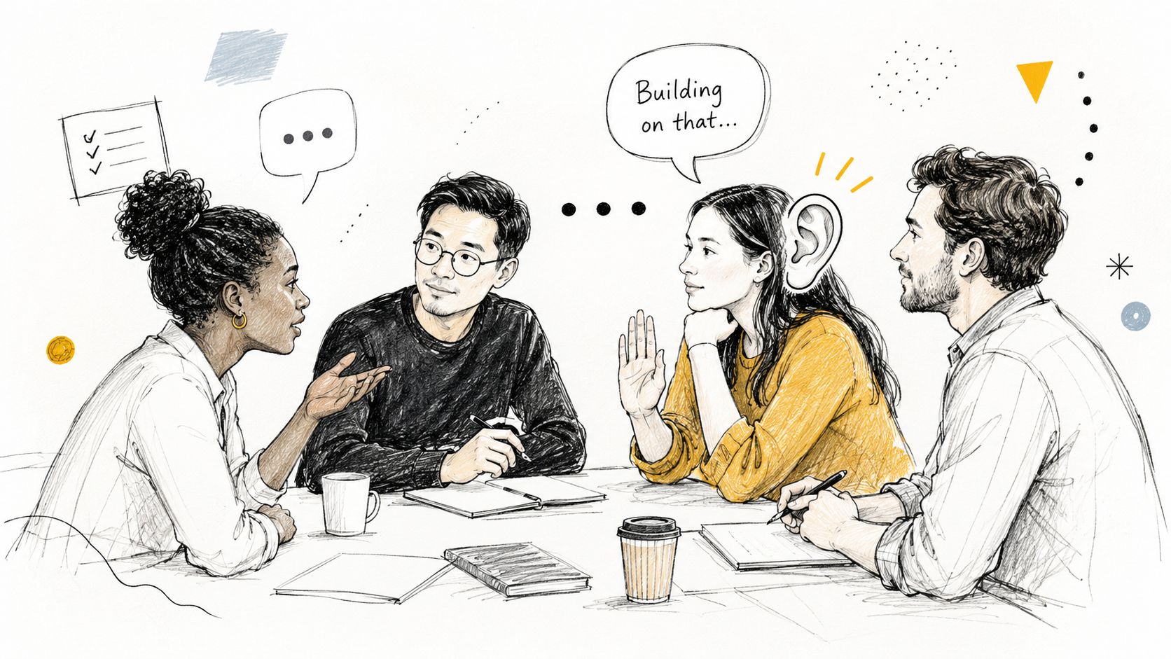 A professional group of diverse individuals collaborating and communicating effectively around a conference table during a discussion.