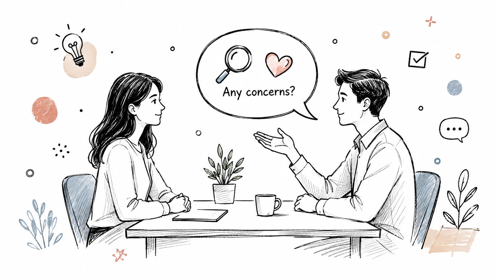 A line art illustration showing a man and a woman sitting at a table having a conversation.