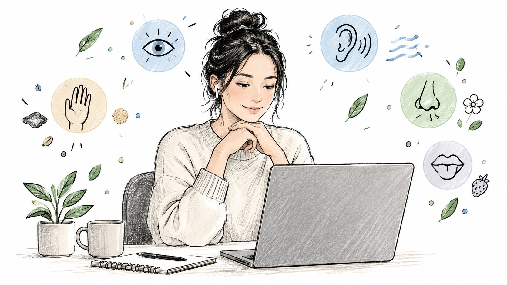 A young woman sitting at a desk using a laptop, surrounded by icons representing the five human senses.