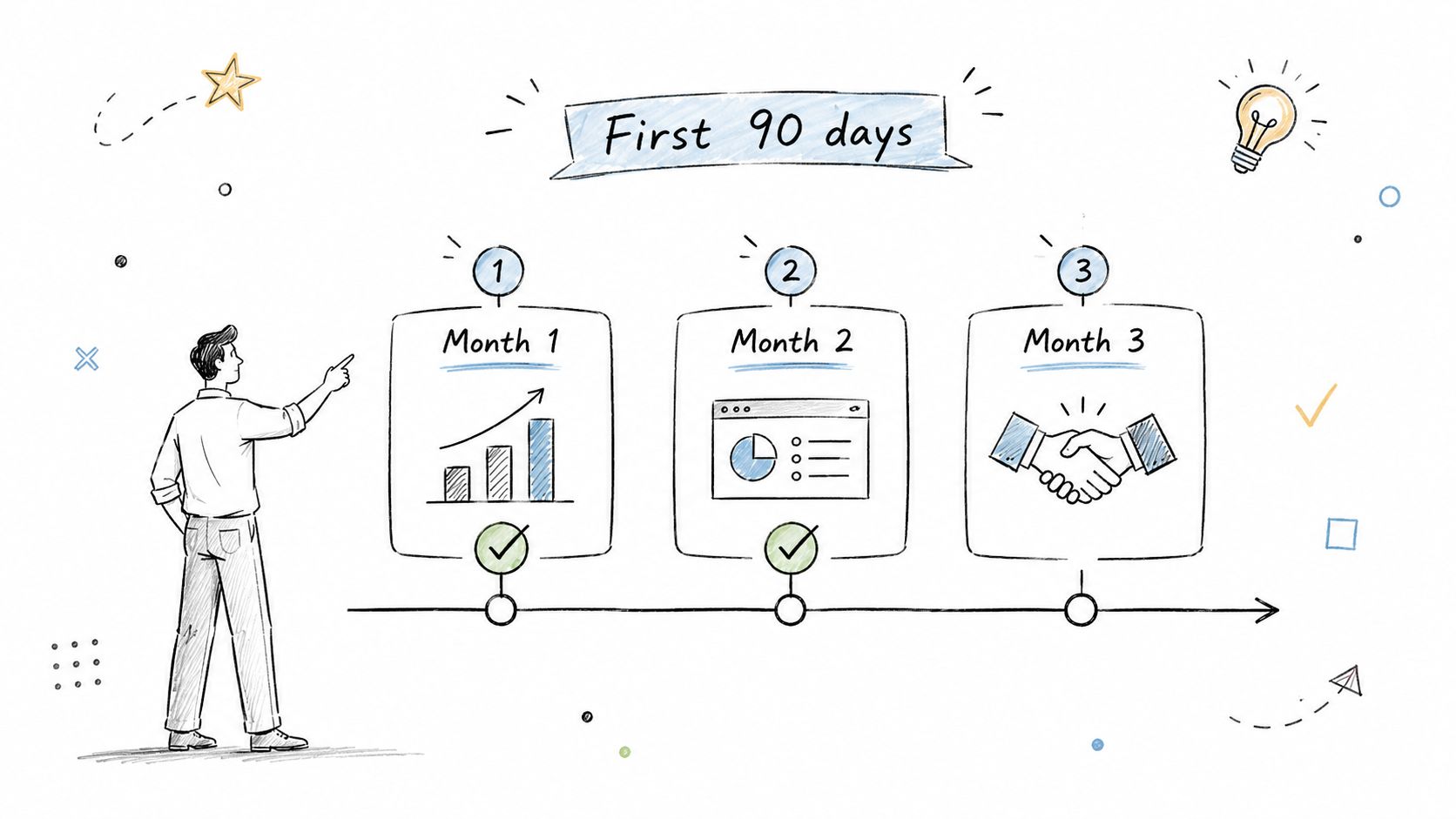 A hand-drawn illustration showing a person presenting a three-month business growth and project planning roadmap.