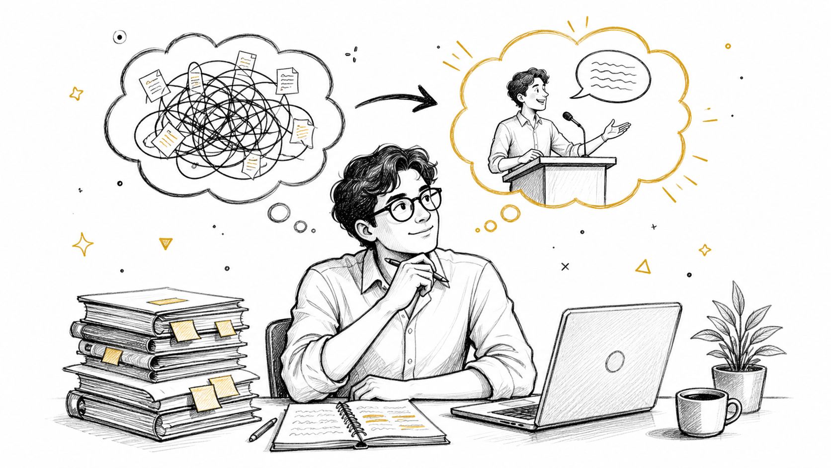 A man at his desk visualizing a successful public speaking performance from his chaotic study materials.