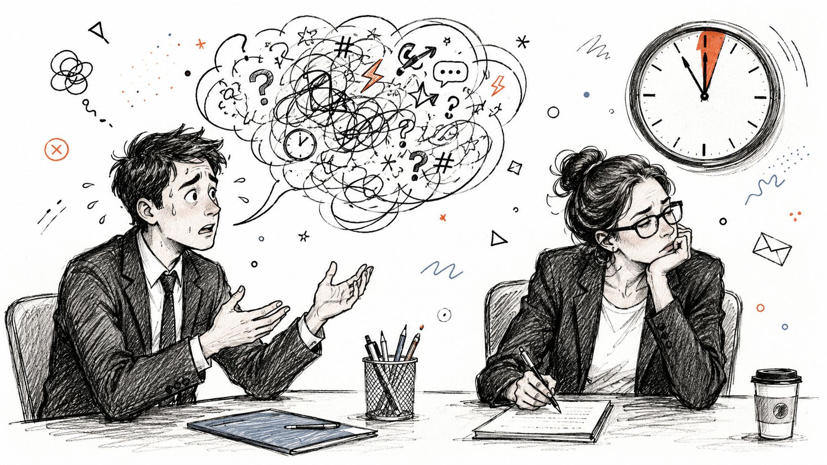 A man looking stressed while talking to a bored, disengaged woman during a job interview meeting.