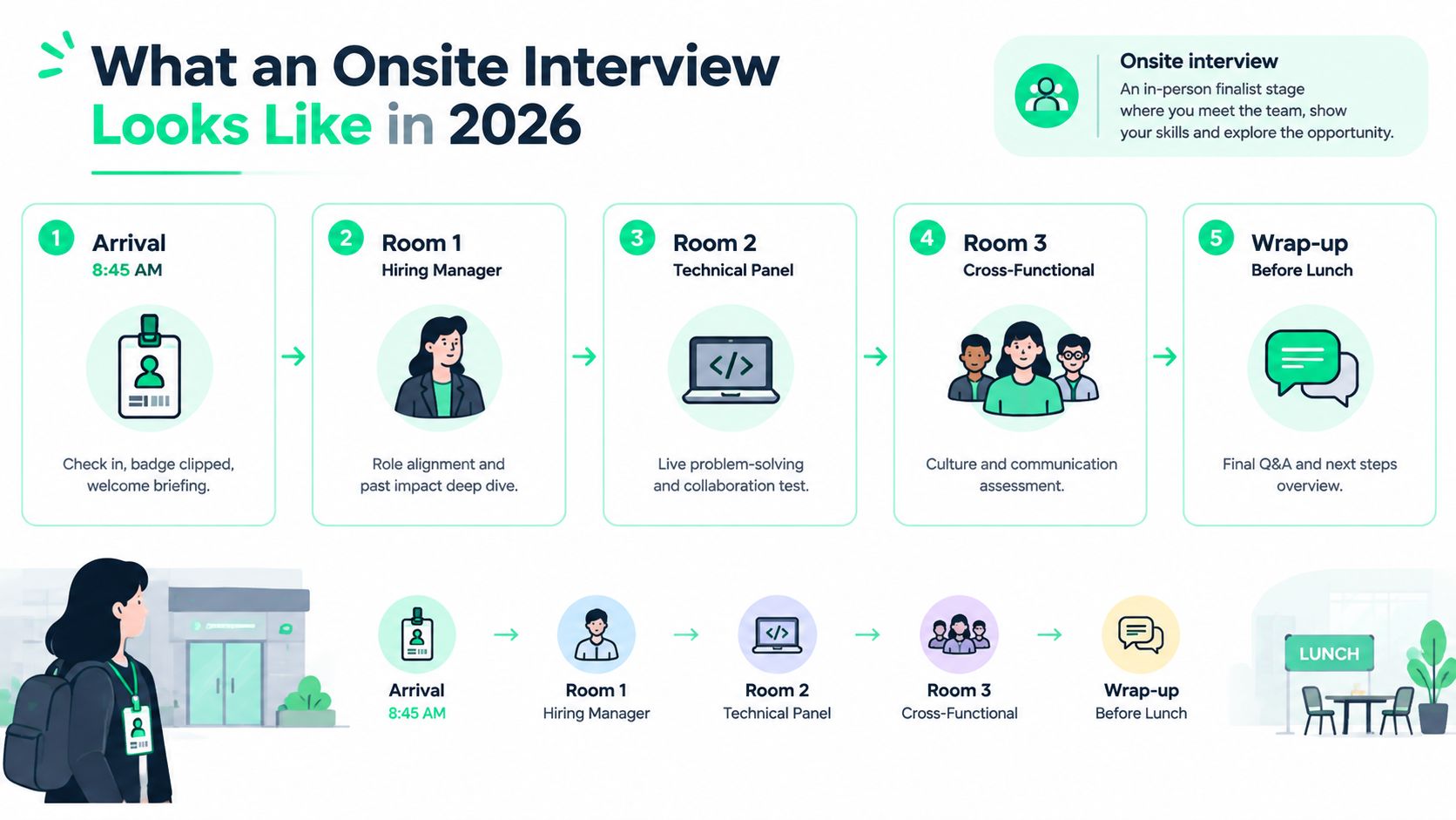 A flowchart infographic outlining the steps of an onsite job interview experience, from arrival to wrap-up.