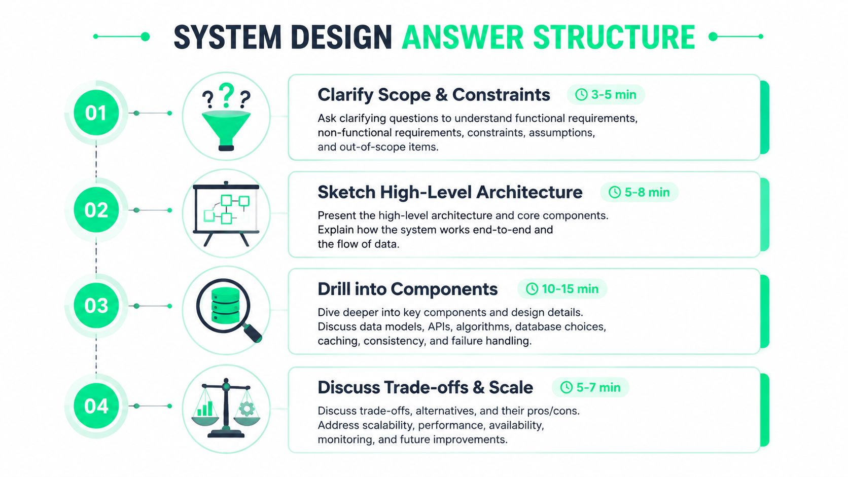 A four-step infographic illustrating a recommended structure for answering technical system design interview questions.
