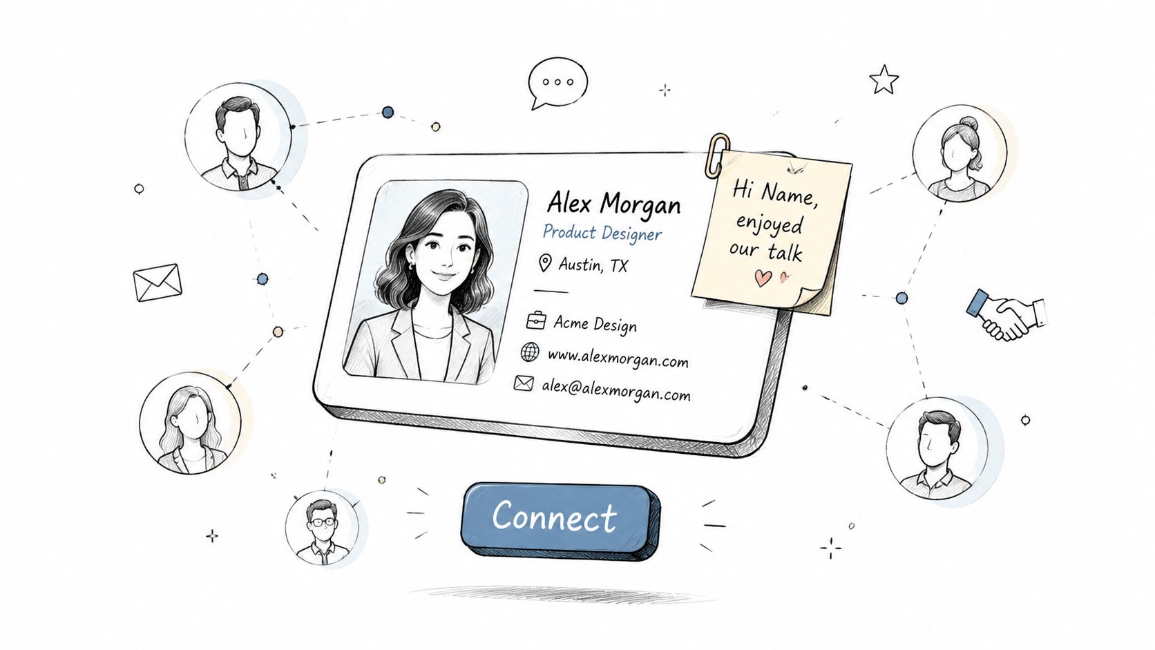 A digital professional business card featuring Alex Morgan with contact details and a connect button.