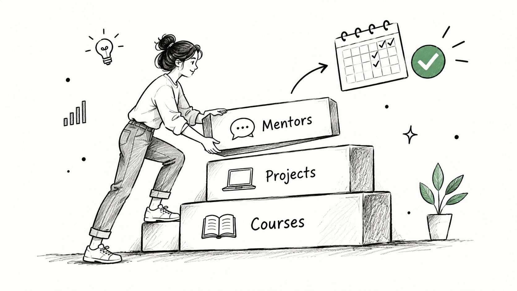 A woman builds a learning path by stacking blocks labeled courses, projects, and mentors with a calendar.