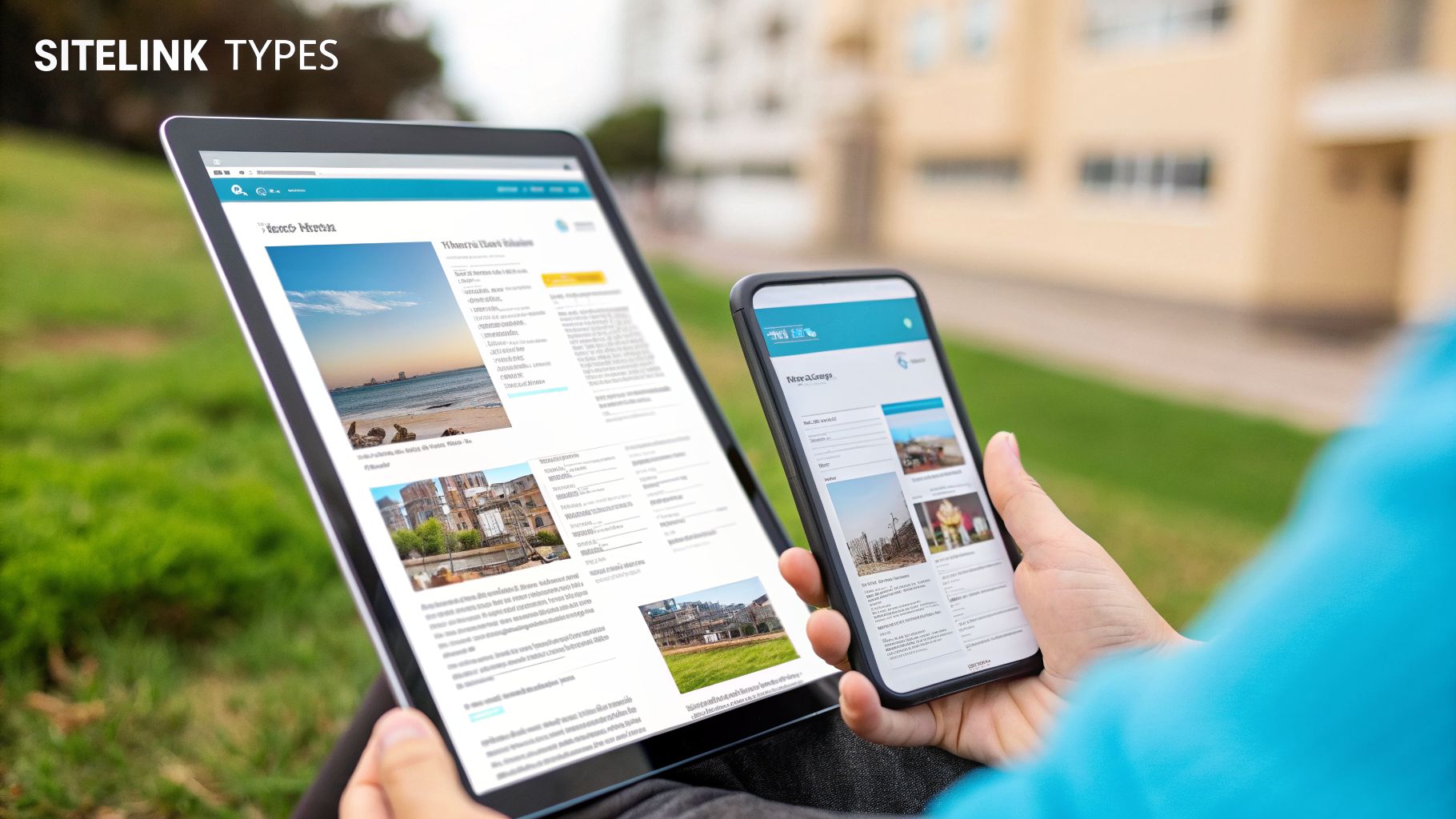Person outdoors holding a tablet and smartphone, both displaying websites with images and sitelinks.
